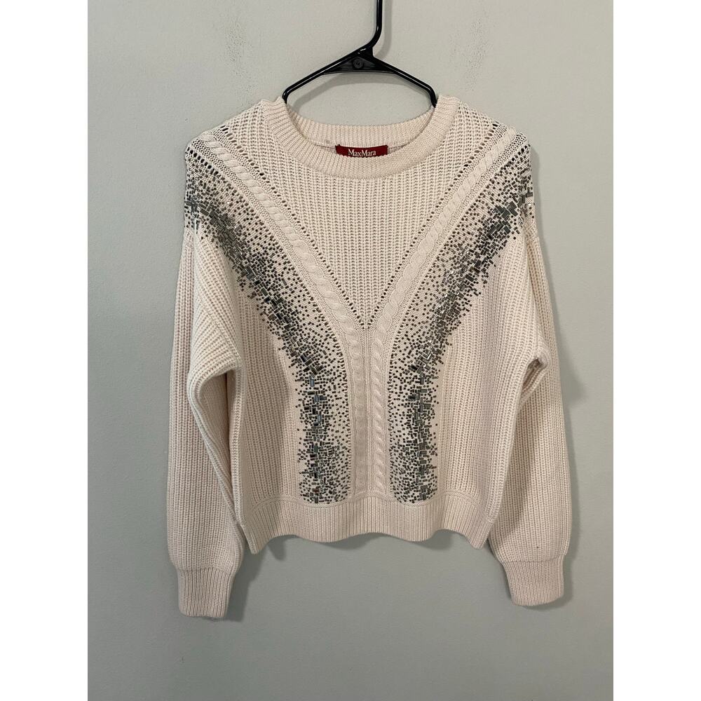 Max Mara Studio Lessy Crystal Embellished Wool Sweater Albino Size M - Picture 2 of 5